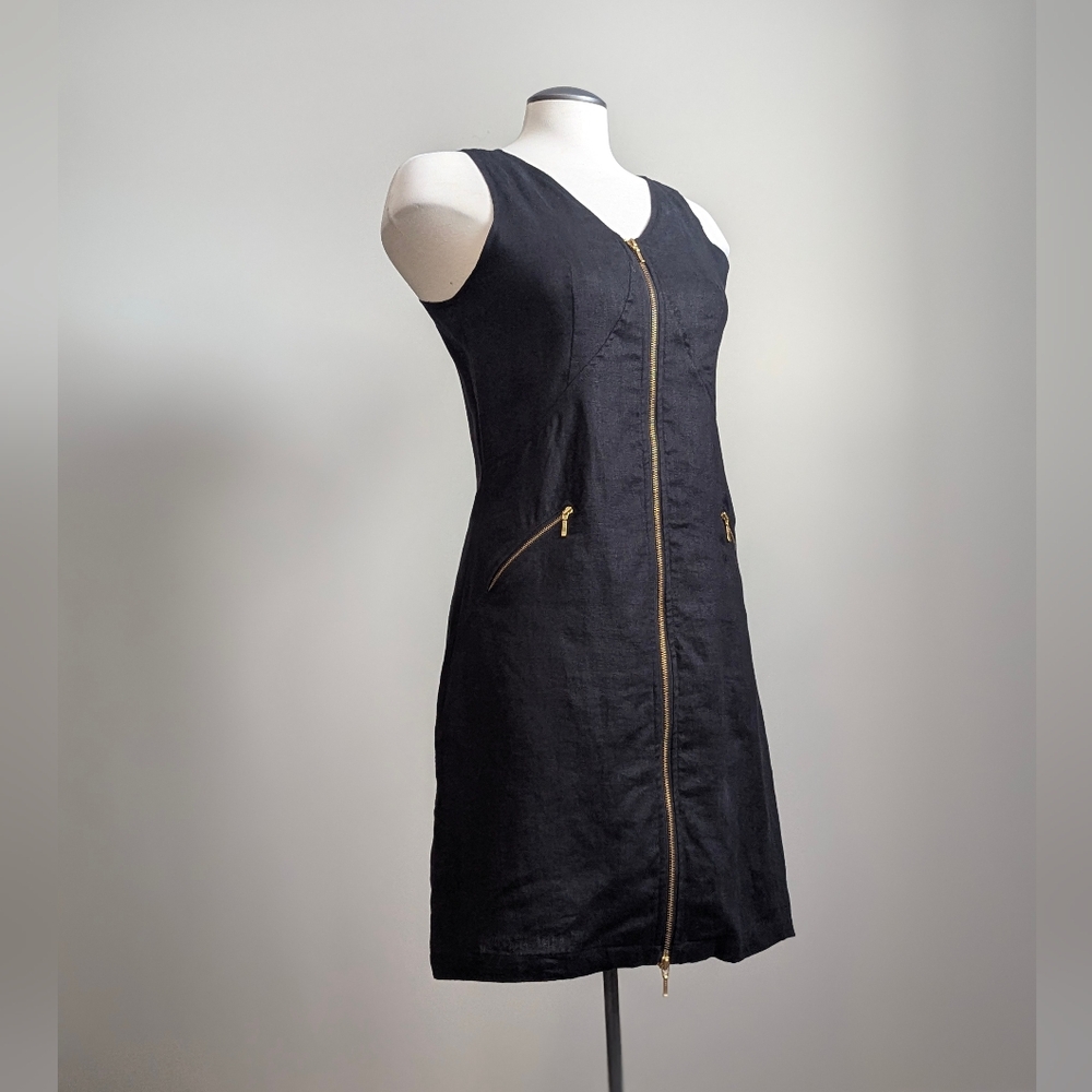 100% Linen Black  Sleeveless Shift Dress Zip A-line Sustainable small